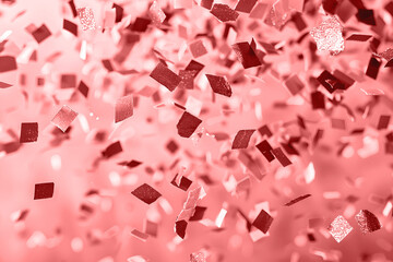Abstract pale red background with multicolored confetti. Advertising goods and services for holidays, creating a festive atmosphere on the website or on social networks