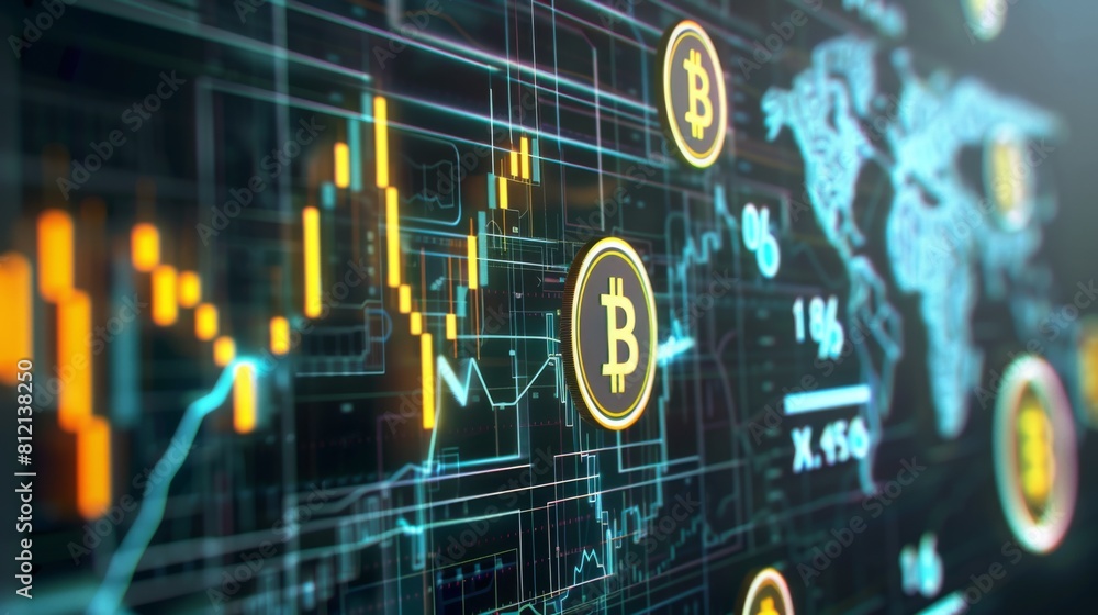 Poster bit coin crypto currency model with market graph banner background