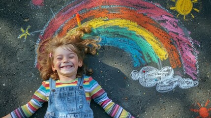 Child smiling on asphalt with sun, rainbow, and clouds drawn with chalk. Pride parade concept
