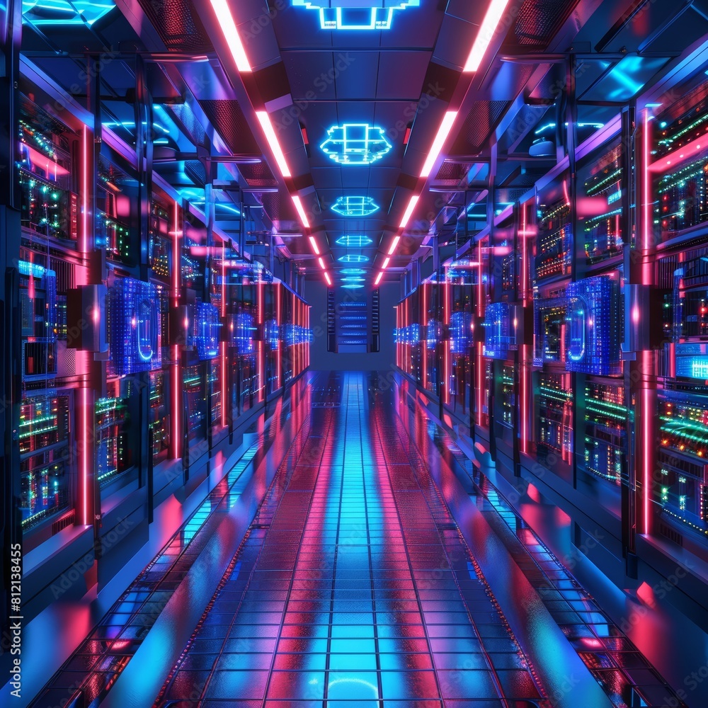 Poster the image shows a futuristic server room with rows of servers and colorful neon lights.