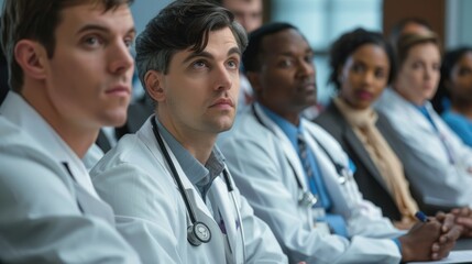 A group of doctors, in the center of attention, is a young man with a stethoscope around his neck, sitting in a row and looking forward.