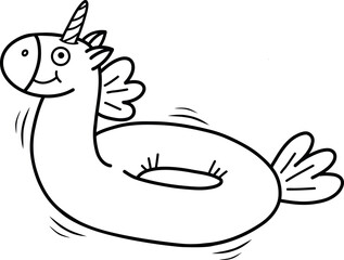 Illustration of a unicorn bathing circle. Unicorn bathing circle. Vector illustration of an inflatable swimming toy highlighted on a white background. Black and white hand-drawn illustration.