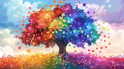 Rainbow tree in rainbow colors covered with flowers, pride parade concept illustration