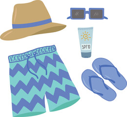 A set of summer things for relaxing at sea. Shorts, flip-flops, a hat and sunglasses. A flat cartoon illustration on a white background. A set for men. Vector illustrations.