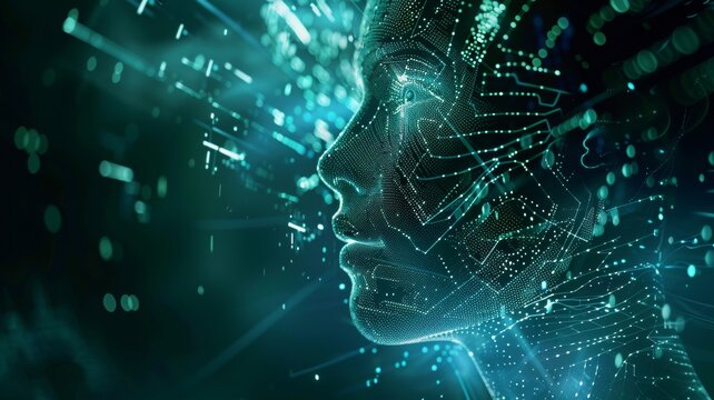 The image shows a glowing blue head of a person with a binary code flowing around. The person is looking to the right. The image is dark and mysterious.