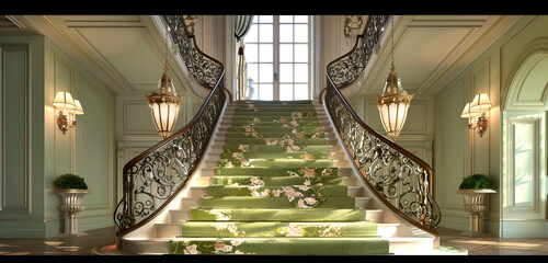 Luxury mansion foyer with sage green carpeted stairs featuring classical iron railings and a soft floral runner Elegant pendant lights provide a classic touch