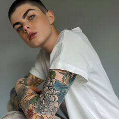 Girl with Tattoos in White T-Shirt