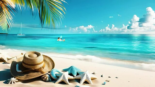 Sunny tropical beach with turquoise water, summer holidays vacation background, seashells in sand, palm tree on the beach