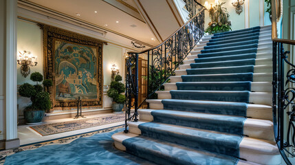 Luxury mansion foyer with periwinkle blue carpeted stairs flanked by a classic wrought iron railing and soft plush landing area A sophisticated tapestry hangs on the wall
