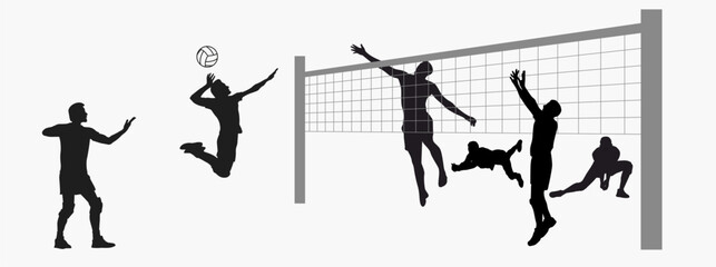 set of volleyball player silhouette. Player jumping in different poses. 
