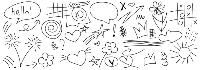 Charcoal graffiti doodle punk and grunge shapes collection.  Doodle elements, crown, emphasis arrow, speech bubble, scribble. Handdrawn cute cartoon pencil sketches of decorative icons. 
