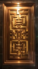 A detailed Aztek fretwork pattern gracefully embellishes a golden door, creating a striking visual contrast