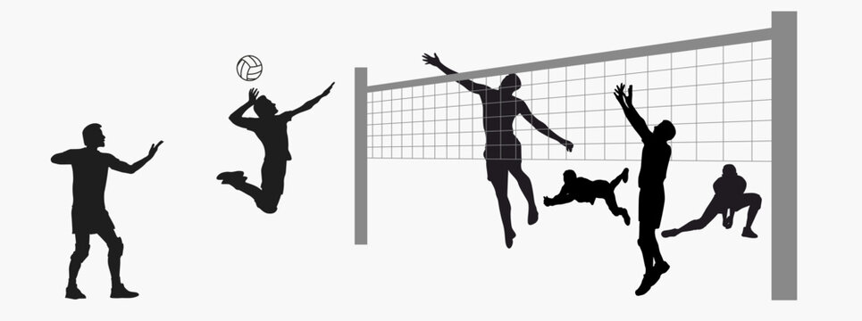 set of volleyball player silhouette. Player jumping in different poses. 