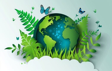 World environment day concept, paper cut green earth with grass and butterfly. Green planet background for poster or banner design. 