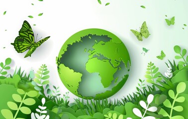 World environment day concept, paper cut green earth with grass and butterfly. Green planet background for poster or banner design. 
