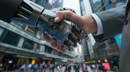 Obraz premium Futuristic Collaboration: Robot and Human Handshake in Financial Services