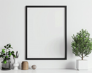 Minimalist black frame mockup on a pure white wall high-definition sharpness and clarity