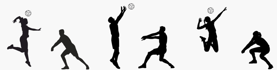 set of volleyball player silhouette. Player jumping in different poses. 