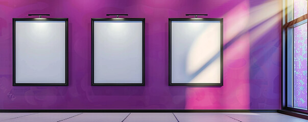 Modern dance studio with three empty posters in dynamic black frames spotlighted against a bright purple wall perfect for dance class schedules or upcoming performances