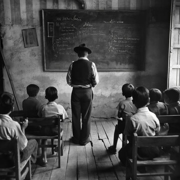 Maestro de zona rural dictando una clase sin recursos 