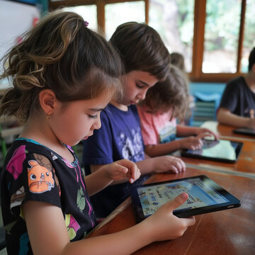 Ni&ntilde;os usando tabletas en la escuela