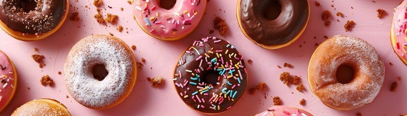 Tempting donuts, satisfying snacks or desserts, culinary marvels garnished with sweet powdered sugar, chocolate, biscuit crumbs, and cream.
