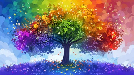 Colorful tree with flower decorations for pride parade celebration in rainbow colors
