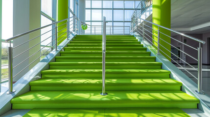 Modern luxury foyer with bright lime green carpeted stairs metal balustrades and a high gloss tile...