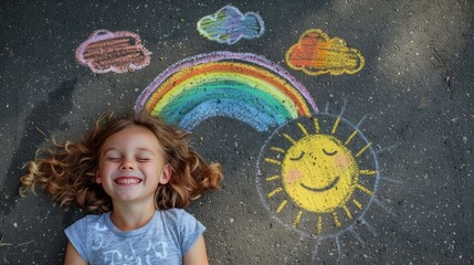 Happy child lying on chalk-drawn rainbow at pride parade, symbolizing inclusivity and joy