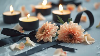 Close-up of chrysanthemum flowers with black funeral ribbon and lit candles in melancholic and sad setting. Flowers and lit candles on a light background with a black ribbon.