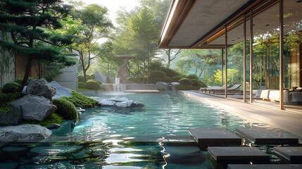 A minimalist plunge pool surrounded by a Japanese Zen garden.