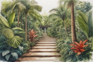 A vibrant artist's depiction of a winding path amid lush foliage in a tropical Queensland botanic garden. Australia