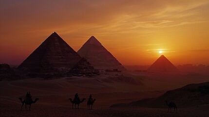 The Pyramids of Giza: A lone camel caravan silhouetted against the pyramids at sunset, the vast desert stretching endlessly.