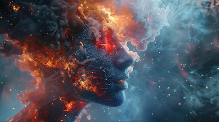The image shows a woman's face made of fire and smoke. The woman is looking to the right of the frame. The background is dark blue.