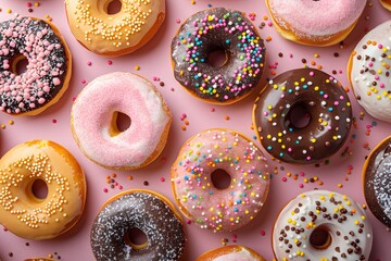 Tempting donuts, satisfying snacks or desserts, culinary marvels garnished with sweet powdered sugar, chocolate, biscuit crumbs, and cream.