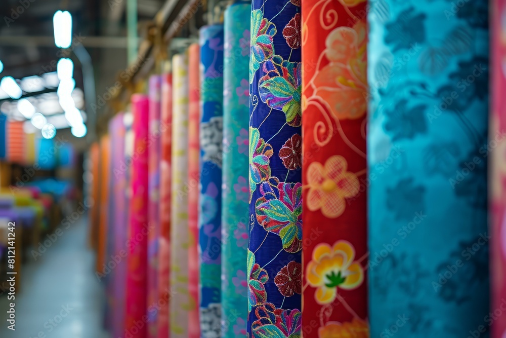 Poster vibrant textile rolls on display, showcasing diverse patterns and textures in a fabric store