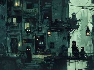 Surreal Geometric Cityscape with Quirky Cartoon Figures in a Moody Dark Fantasy Realm