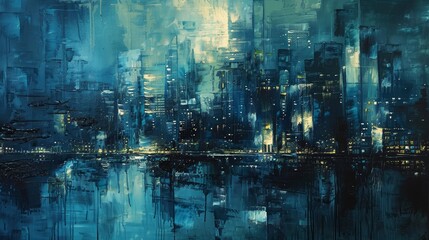 Obraz premium The painting is of a cityscape at night. The city is depicted in shades of blue and purple. The lights of the city are reflected in the water. The painting has a dreamlike quality.