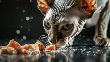 A Sphynx cat tentatively sniffing at a raw diet spread, including small cuts of chicken and beef, on a sleek black surface