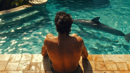 A man sits on the edge of the pool with a dolphin