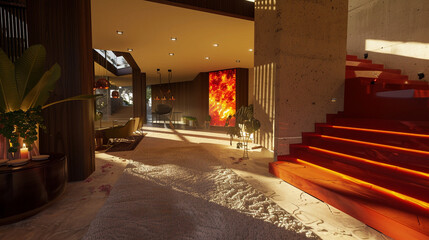 Rear corner view looking towards a chic entrance with a fiery red staircase showing the layout from back to front and emphasizing the open airy space Rear-to-front layout