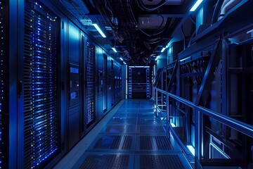 Fototapeta premium The dark interior of a server room with blue lighting and a glowing blue floor.