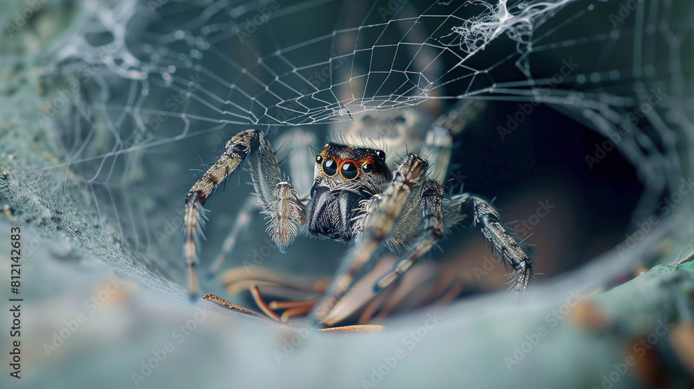 Wall mural intricate threads: macro shot of a spider weaving its web