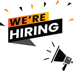 Male hand holding megaphone with we are hiring speech bubble. Loudspeaker. Banner for business, marketing and advertising. Vector illustration.