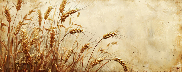 A vintage-style illustration of a wheat stalk with plump kernels, with a prominent copyspace on the left for your text.