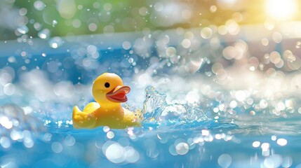 A sunny summer day finds a bright yellow rubber duck happily bobbing in the cool blue pool water happily splashing about and enjoying a refreshing swim