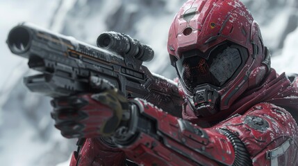 The soldier in red armor suit is aiming his gun.