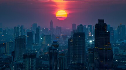 Obraz premium Cityscape with big sun and sunset on center between building at evening in Bangkok Thailand.