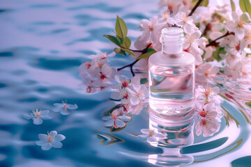 Glass bottle on water ripples and cherry blossoms Sakura all around Makes you feel comfortable, fragrant, clean, fresh, and relaxed.