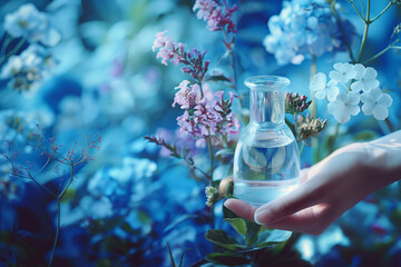The glass bottle on the water ripples with lavender and hydrangea flowers all around, giving a comfortable, sweet, clean, refreshing, and relaxing feeling.